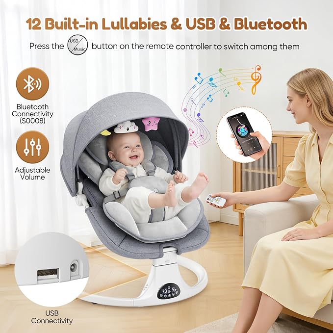 Baby Swings for Infants, Smelluck Electric Baby Swing with Upgraded 3 Adjustable Backrest, 12 Preset Melodies, 5 Speeds, Remote Control and Bluetooth, Portable Infant Swing for Indoor and Outdoor