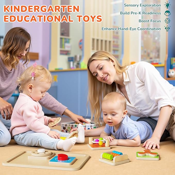 Montessori Busy Board for Toddlers 1-3, 6-in-1 Sensory Activity Cube, Fine Motor Skills Learning Toy with Bead Maze, Gears & Spinner, Quiet Travel Toy for 1 Year Old Boy and Girl Gifts