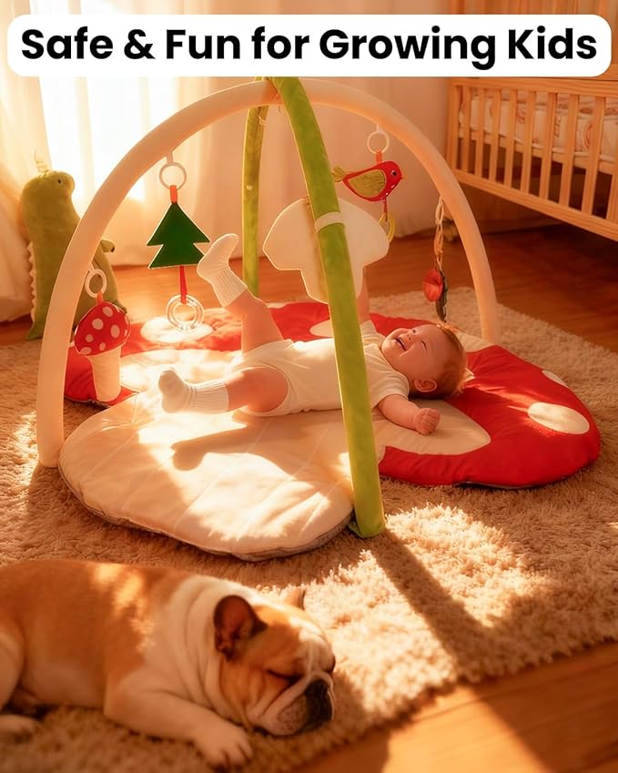 Upgrade Thickened Baby Play Gym, Extra Large Activity Mat, Machine Washable Playmat, Tummy Time Mat with Detachable Toys for Motor Skills, Non-Slip Bottom, Mushroom