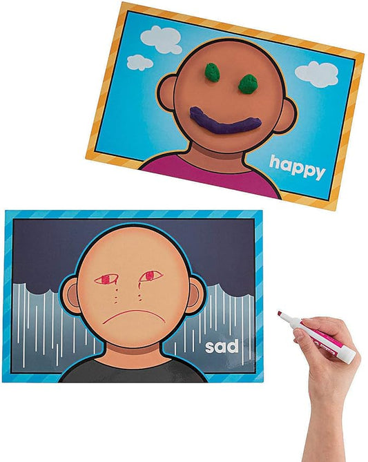 Fun Express Emotion Faces Laminated Dry Erase Play Mats - Photo of Child Expressing Emotions - Calming Toys for Kids - Social Emotional Learning - 24 Pieces