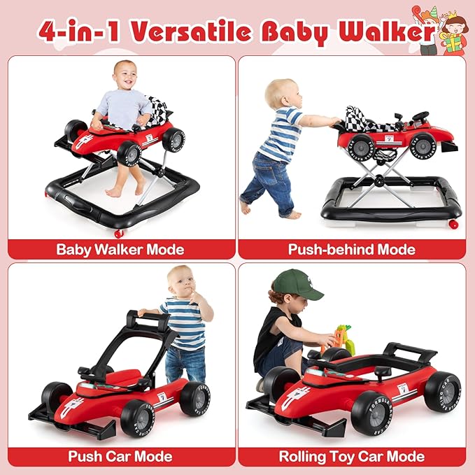 BABY JOY 4-in-1 Baby Walker, Foldable Activity Walker with Push Mode, Adjustable Height, Lights, Anti-Rollover, Baby Walker with Wheels for Boys Girls 6-18 Months (Red)