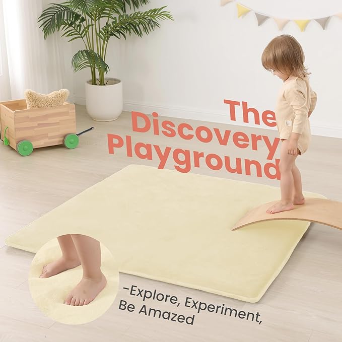 Huloo Sleep Baby Play Mat for Floor,1.3" Thick Elasti-Foam 50"×50" Playpen Mat for Tummy Time,Water Repellent Soft Coral Velvet for Toddler,Infant,Kids,Non-Slip Backing Safe for Crawling(Vanilla)