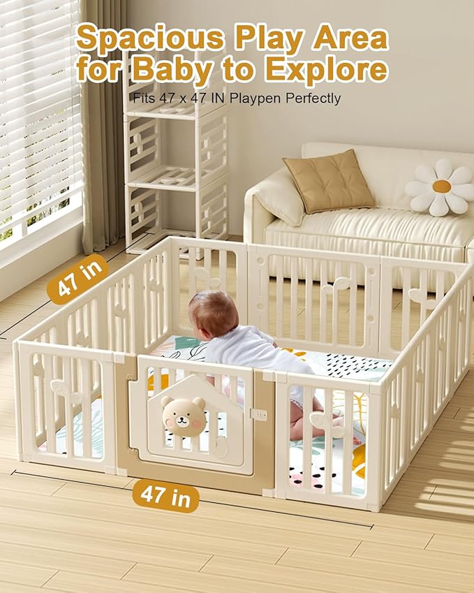 TINYHARBO Premium Foam Baby Play Mat 47x47 – Removable & Machine Washable Cover, Extra Thick Padding Playpen Mat, Non-Slip Crawling Mat, Easy to Clean for Infants, Toddlers & Babies