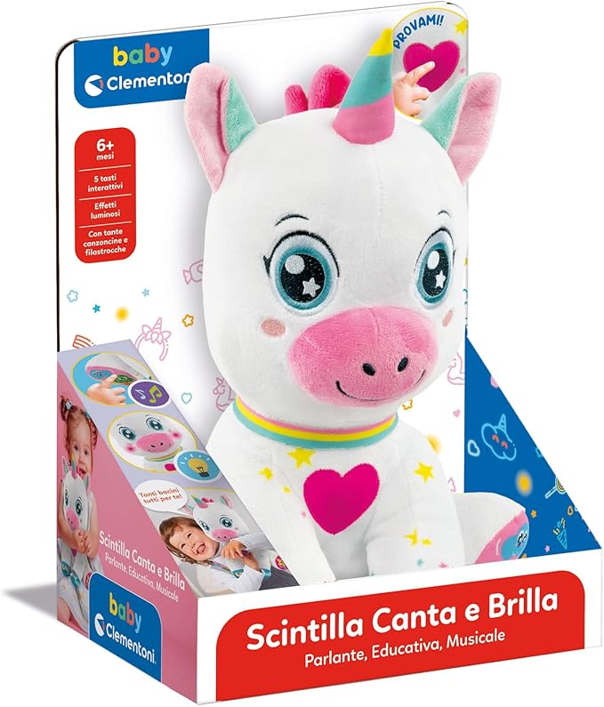 Clementoni Baby Scintilla 17962 Baby Scintilla Interactive Speaking Plush Animal, Music Game for Children from 6 Months, Activity Center for Sensory and Cognitive Development, Italian