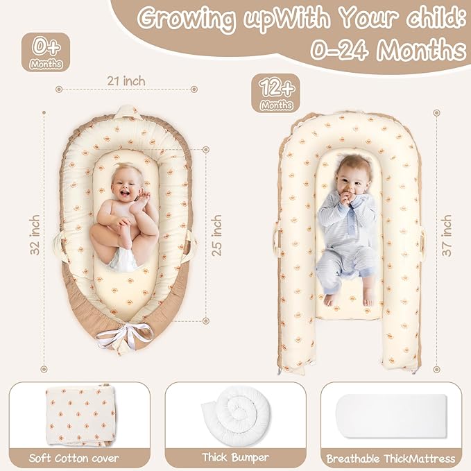 Baby Lounger - Infant Lounger for Newborn 0-24 Months, Ultra Soft Breathable Infant Floor Seat, Portable Babies Lounger for Baby Girls& Boys, Newborn Gifts（Khaki）
