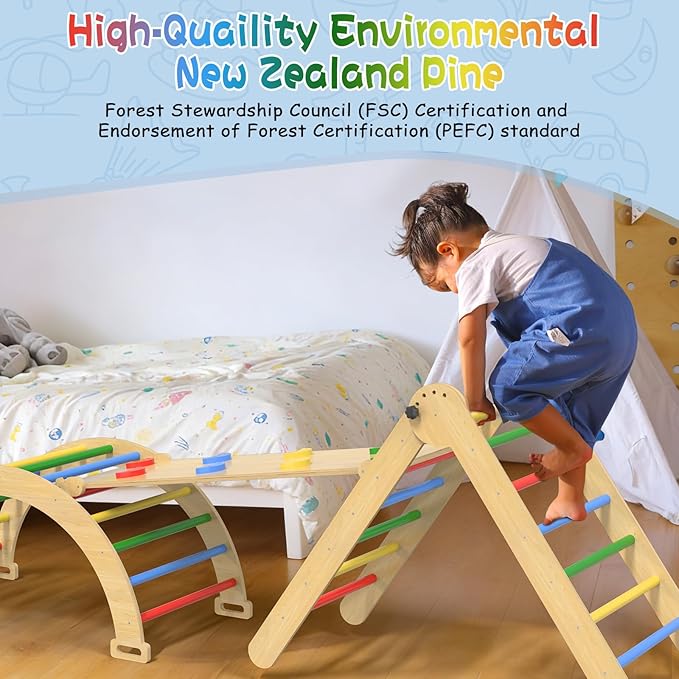 Pikler Triangle Set, 7 in 1 Foldable Climbing Toys Set for Kids, Baby Jungle Gym with Ramp & Arch, Wooden Montessori Climbing Set Indoor for Toddler (Colorful)