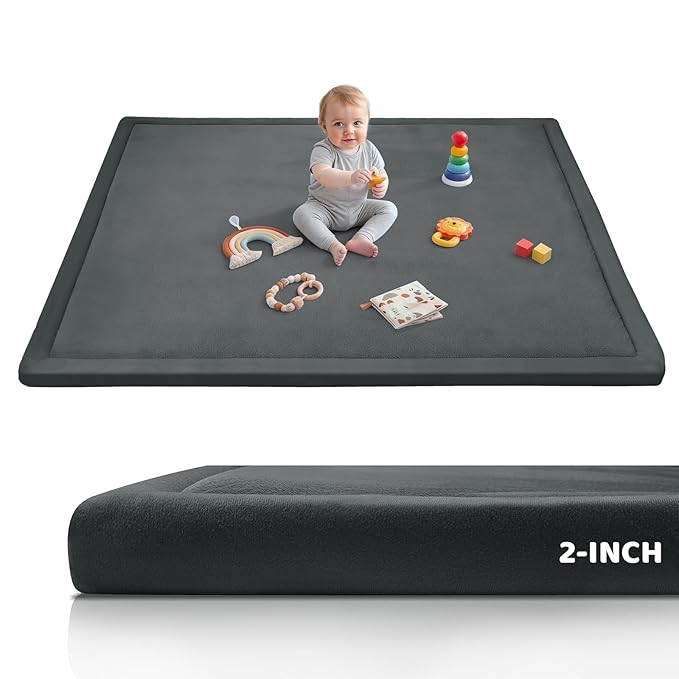 2-Inch Extra Thick Baby Play Mat For Floor, Ultra Soft Nursery Rug, 59"x39" Large Kids Rug for Tummy Time, Flannel Cover with Powder-Free Memory Foam Non-Slip Base Crawling Mat for Infants Toddlers