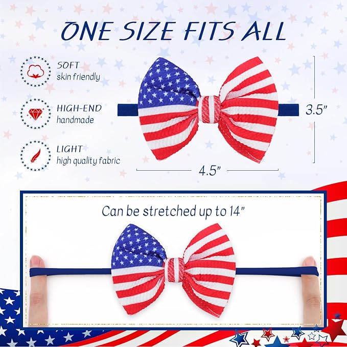 4th of July Baby Headband Set - Patriotic Hair Bows and Nylon Headband for Newborns and Toddler Girls - 4Pcs Red American Flag Design
