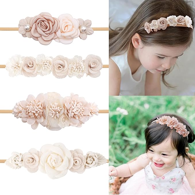 Baby Girl Flower Headband 4 PCS Elastic Hairbands Handmade Nylon Bows Headbands Chic Floral Hair Accessories Kids Gifts for Newborn Infant Toddlers