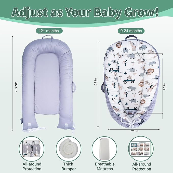 Infant Support Cushions | Baby Lounger | Organic Cotton Infant Lounger | Reversible, Adjustable & Portable Floor Lounger | Supervised Use | Soft, Breathable, Washable Cover(Animal)