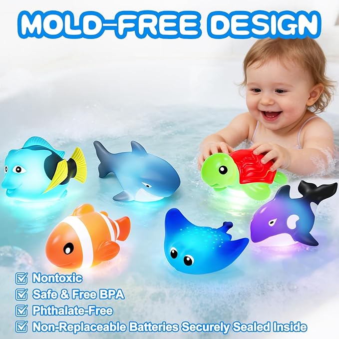 Light Up Bath Toys,Mold Free No Hole Baby Bath Toys for Toddlers,Water-Activated Lights Flashes and Change Color Ocean Animal,Sensory Toys for Kids,Water Table,Bathtub,Shower,Pool