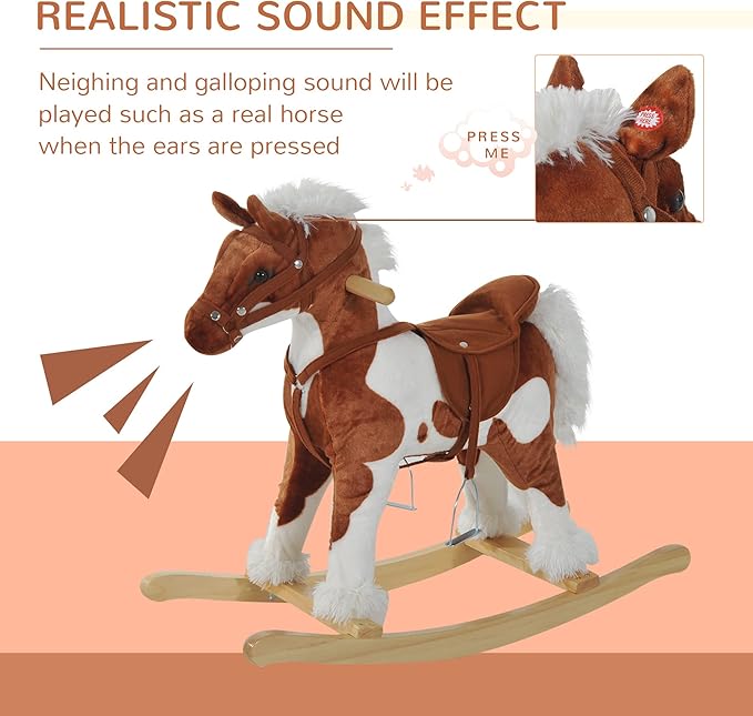 Qaba Wooden Toddler Rocking Horse, Kids Plush Ride on Horse Toy Animal Rocker with Nursery Rhyme Music Brown