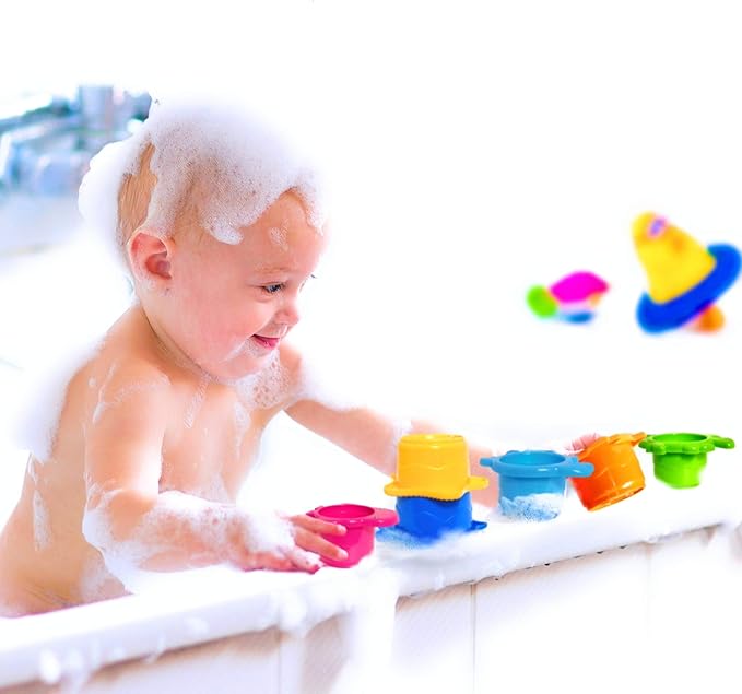 Baby Bath Stacking Cups – 8-Piece Montessori Beach & Bathtub Toy Set for Toddlers – BPA-Free, Easy-Drain, Educational Water Toy for Kids Ages 18 Months+ by Extasticks®