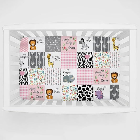 Personalized Pack and Play Sheets with Name, Custom Name Baby Mini Crib Sheets for Baby Girls, Name Pack n Play, Fitted Sheet with Name, Soft and Breathable Material (Zoo Animals)