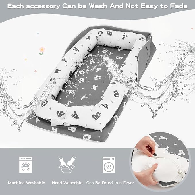 Baby Lounger 0-24 Months for Newborn to Toddler - Portable Baby Lounger for Travel with Cotton Infant Nest, Adjustable Safety Bumper & Baby Lounger Pillow - Letter Grey