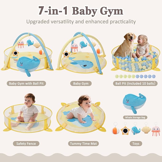 7-in-1 XL Large Baby Play Gym Mat, Tummy Time Mat, Baby Gym & Ball Pit, Baby Activity Mat with Milestone Cards & 6 Detachable Toys for Sensory Motor Skill, Whale