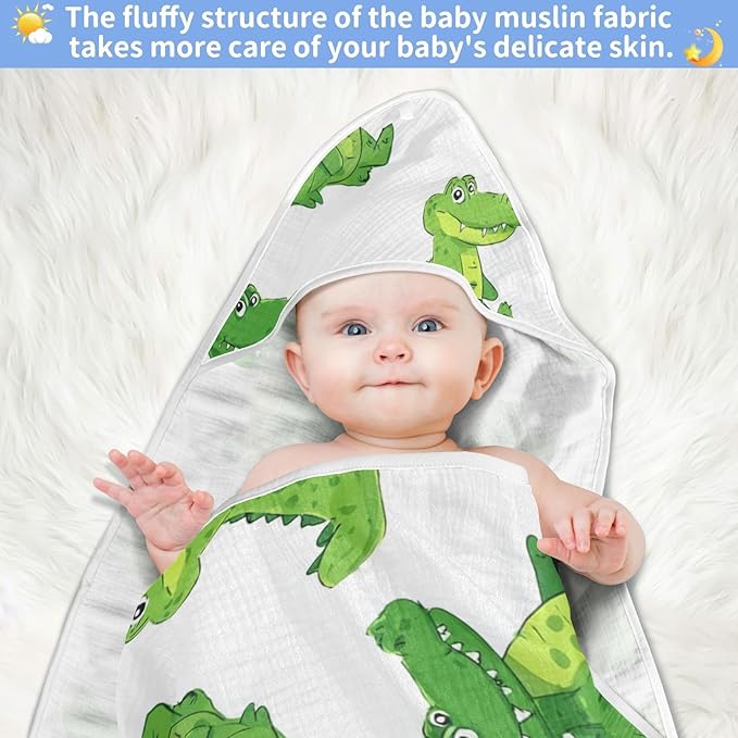 Pigsaly Cartoon Alligators Hooded Baby Towel Green Crocodiles Baby Bath Towel Unisex Soft Organic Cotton Washcloths Toddlers Shower Gifts for Boys Girls Newborn 30 x 30 in