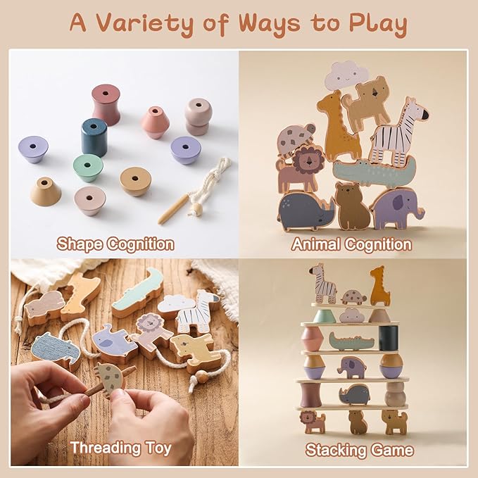 Wooden Animals Threading Toys Lacing Beads for Toddlers,Stacking Blocks Balance Game,Family Educational Preschool Learning Toy, Preschoolers Montessori Classroom Activities,Ideal Gift for Kids
