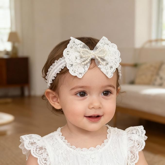 Handmade Baby Girl Headbands in Beige Baby Bows and Floral Lace Headband Bows for Newborns and Toddlers Cute Baby Girl Bows and Newborn Headband Bows