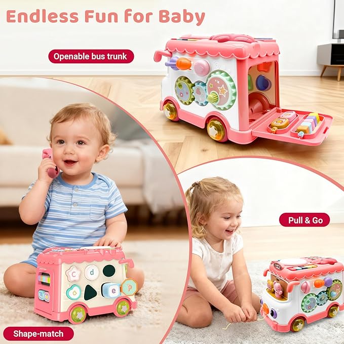 Baby Bus Toy for 1 Year Old Girl Gifts, Montessori Musical Bus Toy for Baby 12-18 Months, Baby Piano Drums for Toddlers 1-3, Shape Sort Toys 1st Birthday Gifts for Girls