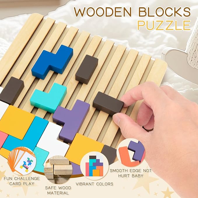 Wooden Stacking Puzzle Toy,3D Colored Wooden Puzzle,Russian Montessori Brain Blocks Puzzles Toys for Boys and Girls,Board Jigsaw Game Toys for Brain Teasers for Toddlers 3-8Years