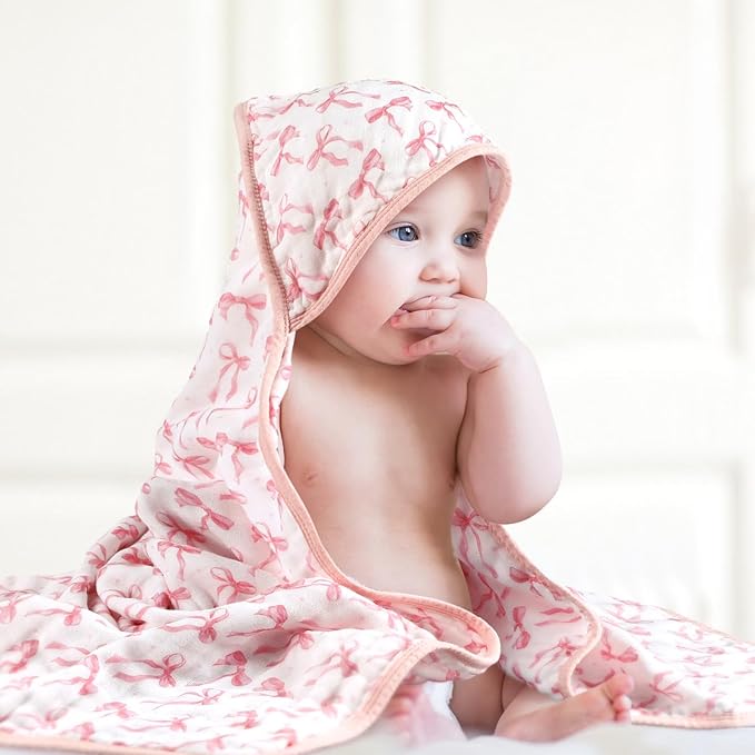 Hahafelt 2 Pcs Pink Bow Baby Hooded Towels for Newborn 100% Muslin Cotton Baby Bath Towel with Hood for Babies Infant Toddler and Kids Large 32x32inch Soft Absorbent Kids Essential Gift