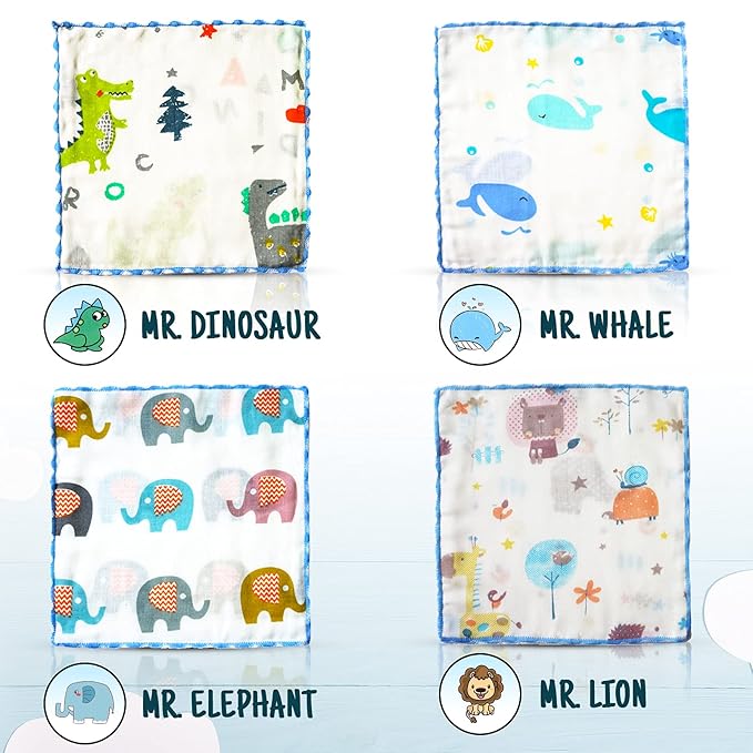 Omilion Muslin Baby Washcloths Set(12-Pack), Natural Cotton Infant Bath Towel, Soft Toddler Face Towel Gift Registry Newborn Baby Shower,9x9 Inches, Animal World (Square)