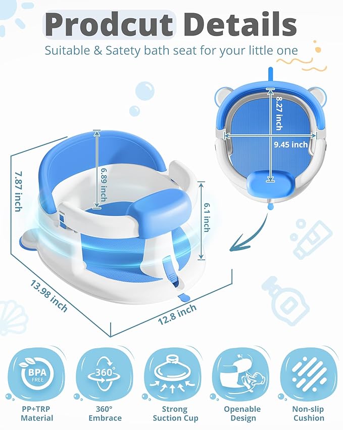 ONTHEWEI Baby Bath Seats for Babies Sitting Up, Non-Slip Baby Bathtub with 3 Suction Cups, Safe & Comfortable Toddler Bath Seat Ideal for Baby Bath/Shower Support, Stable Design, Grey (6-24 Months)