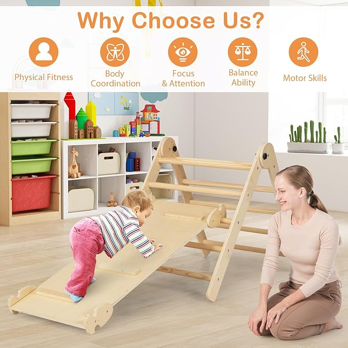 HONEY JOY 7 in 1 Climbing Toys for Toddlers, Wood Triangle Climber w/Ramp for Sliding or Climbing, Rocker, Foldable Montessori Triangle Climbing Arch Set for Daycare, Gym & Playground, Natural