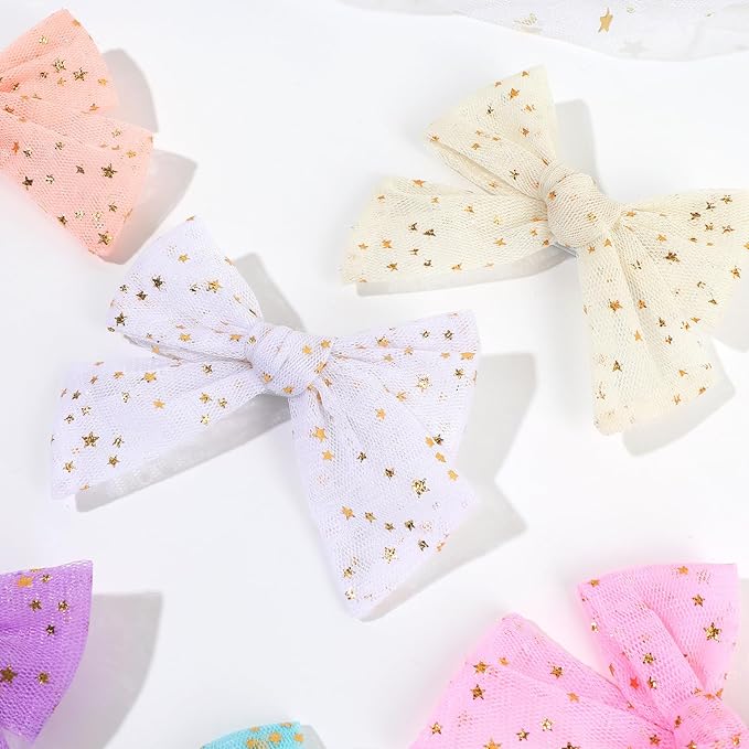CN 6 PCS Tulle Hair Bows for Girls, Toddler Bows with Glitter Star Alligator, Colorful Hair Barrettes Wedding Sequin Hair Accessories for Baby Girls Infants Toddler Teens Party(Style J)