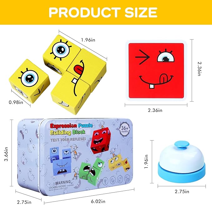 Montessori Puzzle Game for Kids - Wooden Face Changing Magic Cube Game, Educational Face Changing Cubes, 3+ Years (64 Cards, 16 Blocks, 1Bell)