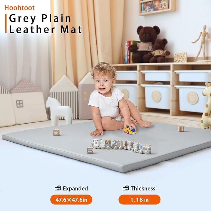 Hoohtoot Foam Play Mat for Baby: PU Leather Waterproof Kids Playmat - Gray Baby Play Mats for Floor - Thick Play Mat for Playpen Padded Playpen Mattress Soft Infant Mat for Preschool (Grey Foam mat)