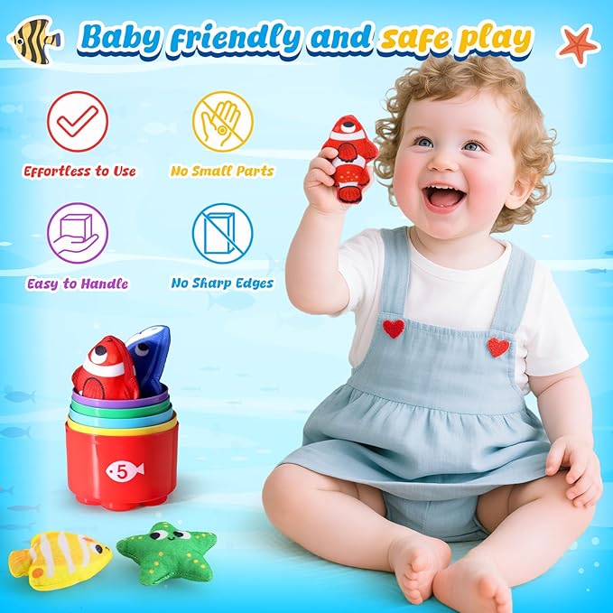 LovesTown Montessori Toys for Toddlers, Baby Sensory Toy Color Sorting Game Travel Essentials Preschool Learning Activities Cloth Fishing Games with Stacking Cups Boys Girls Gifts