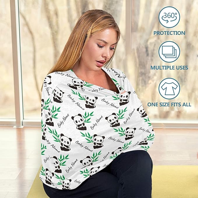 Personalized Cute Panda Baby Car Seat Covers with Name, Custom Nursing Cover Breastfeeding Scarf Soft Breathable Stretchy Coverage, Infant Stroller Cover for Boys Girls
