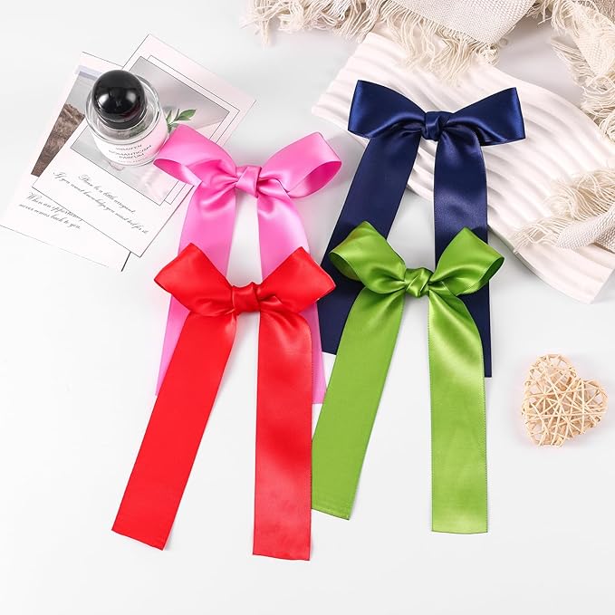 2-Pack Long Satin Ribbon Hair Bows for Girls – Elegant Silk Hair Clips for Toddlers, Infants, Teens & Kids - Green