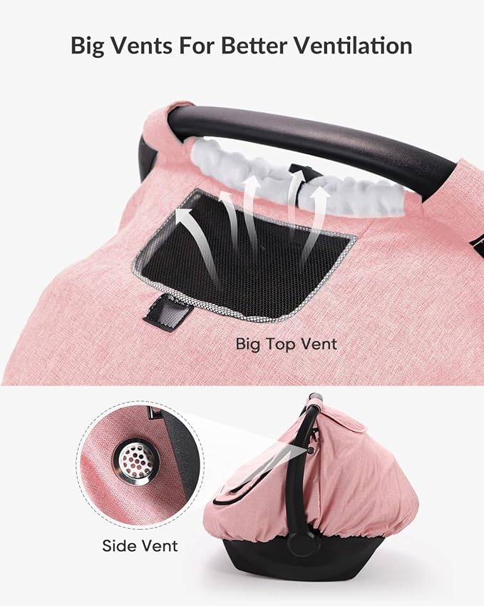 TinlyFinly Waterproof Car Seat Cover for Baby, 2-Layer Car Seat Rain Cover with Clear Window & Sunshade & Mesh Cover, Universal Infant Carseat Canopy for Stroller, Protect from Rain and Snow - Pink