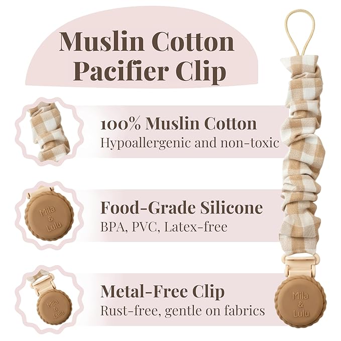 Muslin Cotton - Metal-Free Pacifier Clips, Lightweight and Secure Pacifier Holder for Babies (Hazel Miel) - Mila & Lulu