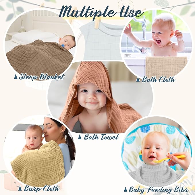VitalCozy 12 Pcs Baby Muslin Hooded Bath Towels and Washcloths Muslin Cotton Hooded Baby Towels Absorbent Blankets for Gift Newborn Infant Shower (32 x 32 Inch,Earthy Tones)