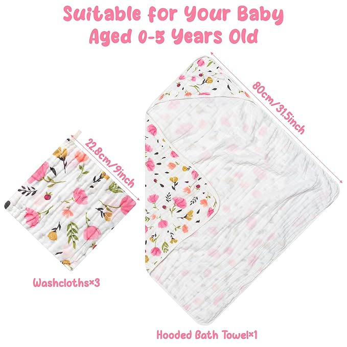 Zainpe 4Pcs Muslin Baby Hooded Towel & Washcloth Set Spring Pink Flowers Pattern Soft Absorbent Cotton Bath Hood Towels for Newborn Toddlers Essentials Boys Girls Infant Shower Gift 31.5 x 31.5 in