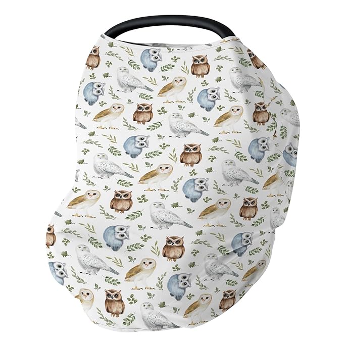 Watercolor Owls Boho Leaves Car Seat Cover for Babies Owl Breeds Green Leaves Stretchy 5-in-1 Cover Adjustable Infant Carseat Cover Canopy Vintage Birds Breathable Nursing Cover-Up