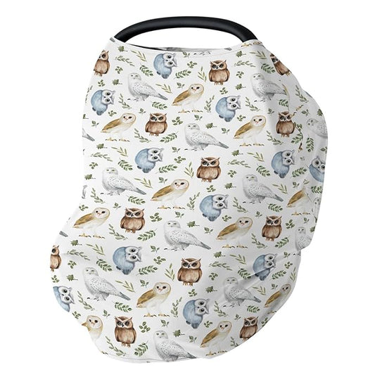 Watercolor Owls Boho Leaves Car Seat Cover for Babies Owl Breeds Green Leaves Stretchy 5-in-1 Cover Adjustable Infant Carseat Cover Canopy Vintage Birds Breathable Nursing Cover-Up