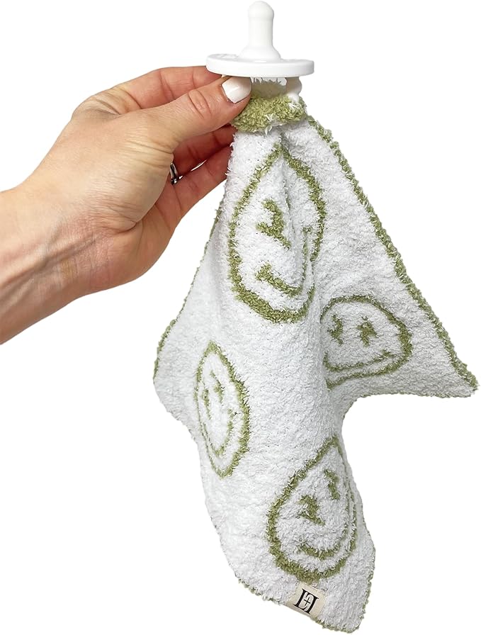 L+L USA Smiley Face Baby Lovey Pacifier/Teether Holder 10"x10" - DreamSoft Plush Fluffy Cuddly Soothie Reversible Mini Comfort Blanket Cute Newborn Gift Essential Babies Boys Girls (Sage Green/White)