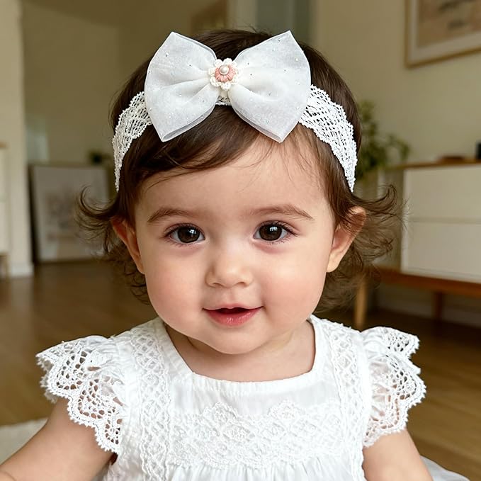 Baby Girls Headband White Bow Lace Headbands Soft Elastic Bowknot Hairbands Cute Hair Accessory for Newborn Kids Infant Toddler Baptism Birthday Party (Pink Flowers)