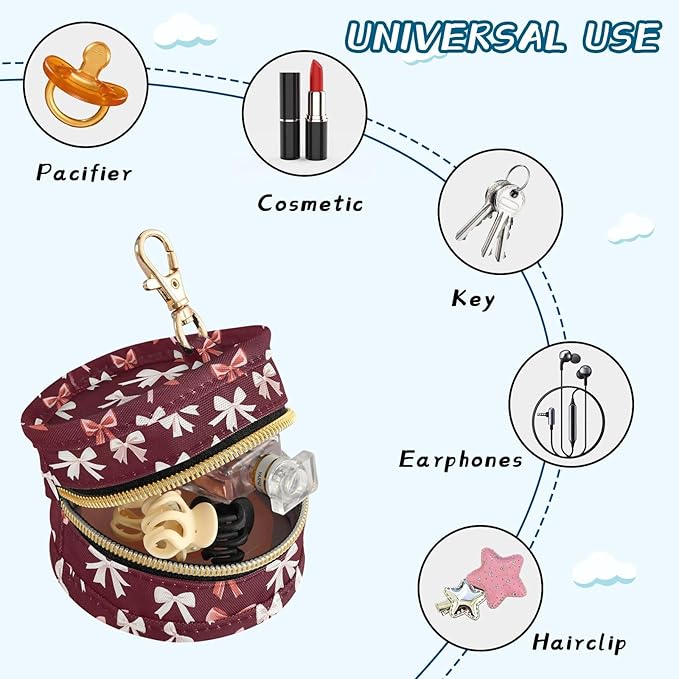 Pacifier Case with Hook Red White Bows Pattern Pacifier Holder Pod Easily Attaches to Diaper Bag or Purse