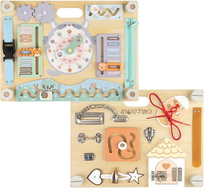 Double-Sided Wooden Busy Board for Toddlers, Sensory Activity Board, Montessori Travel Toy for Kids, Educational Toy for Autism, Ideal Choice for Baby Girls or Boys Birthday