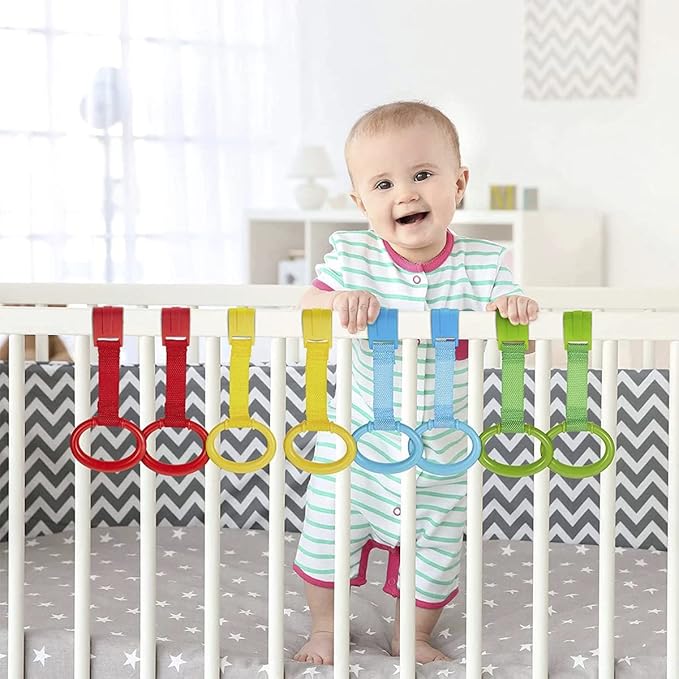 4 PCS Baby Pull Up Rings, Baby Crib Pull up Rings, Kids Walking Exercises Assistant Stand Up Rings Baby Cot Hanging Rings for Infant Baby Toddler Practice Tool