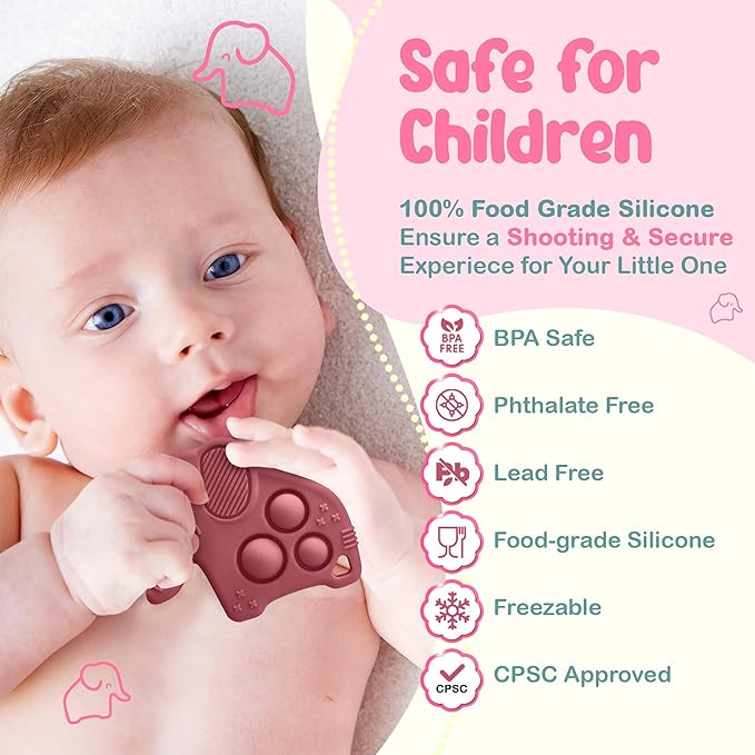 Silicone Baby Teething Toys, Soft Teether Set for Sore Gums, BPA Free Chew Toys for Infants 3+ Months, Textured Teething Relief, Easy Grip Design (Rose Pink)