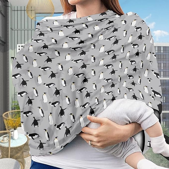 Coldinair Cute Penguin Print Car Seat Cover for Baby,Soft Stretchy Carseat Canopy,Nursing Cover,Grocery Cart Cover,High Chair Cover
