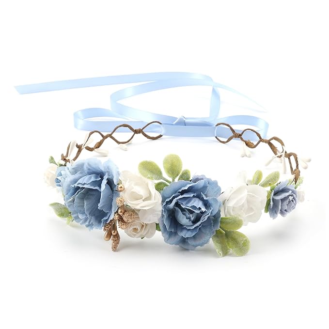 Flower Girl Flower Crown Pink Baby Girls Floral Headpieces Kids Headband Children Hair Wreath Photo Prop (Dusty Blue-Child Size)