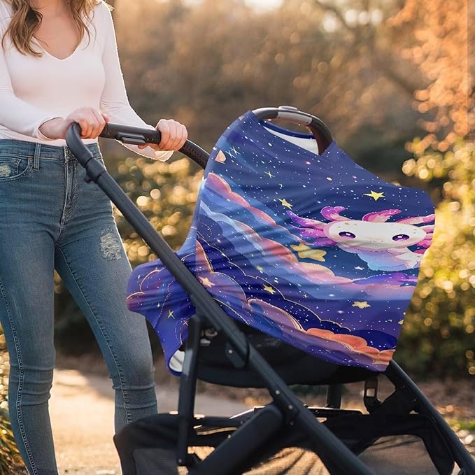 Biyejit Carseat Cover Girls, Multiuse - Nursing Breastfeeding Covers Car seat Canopy, Stretchy Soft Breathable-Starry Night Axolotl